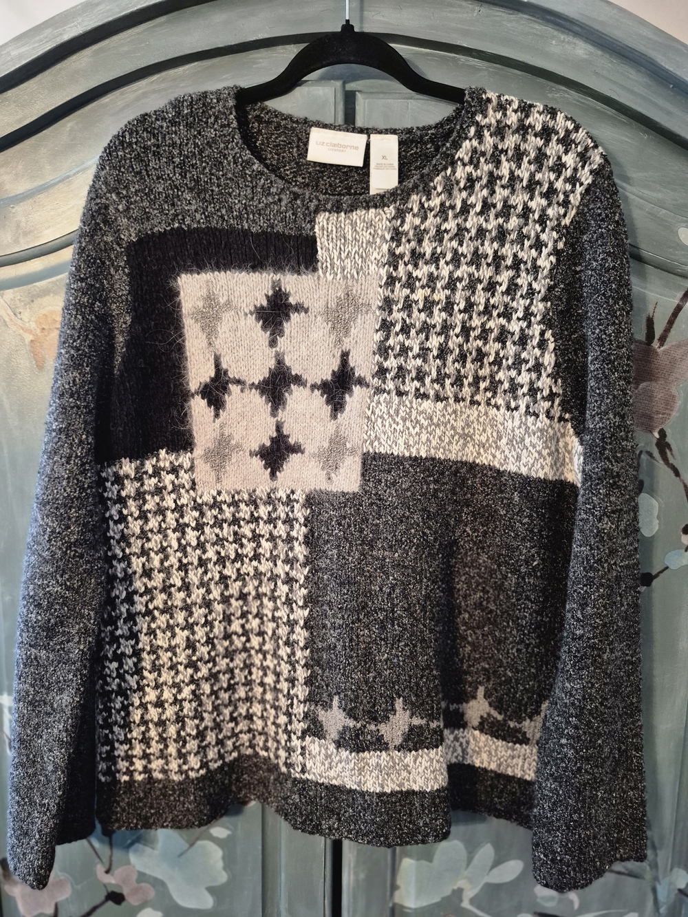 Liz Claiborne Black and Gray Patchwork Knit Crewneck Sweater